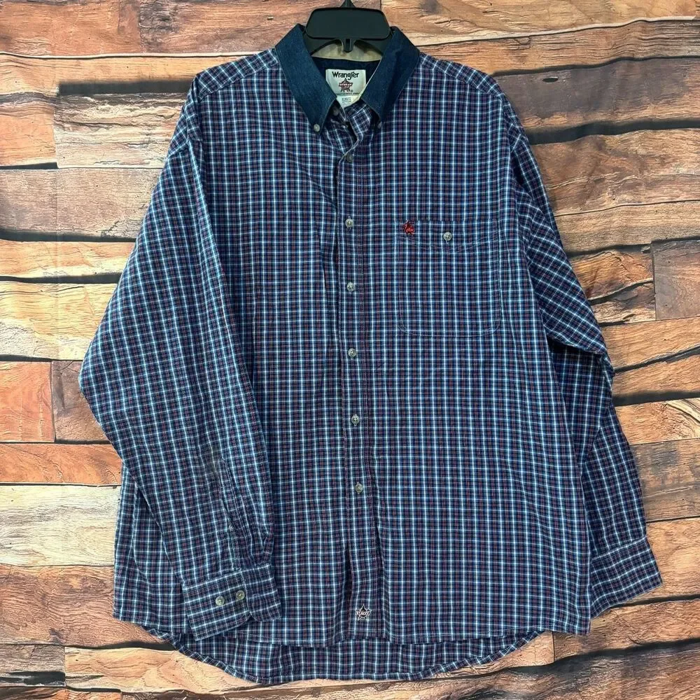 Wrangler PBR Men's Casual Button-Down Shirt Blue Red Plaid XL 100% Cotton